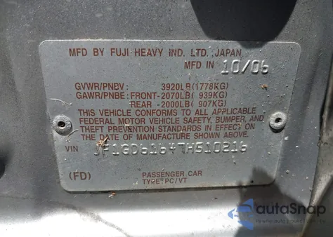 2007 Subaru Impreza 2.5I from USA, damaged, VIN JF1GD61647H510216